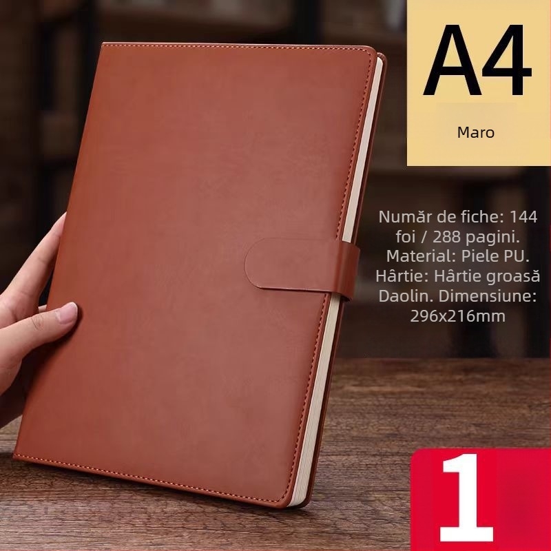 Caiet din piele cu imprimare de logo, notebook cu foi detașabile, 100 de pagini, hârtie Dowling 80 g, copertă din piele naturală sau artificială, model ZP-1007A, legare cu clemă