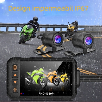Dashcam pentru motocicletă cu lentile duale 720P, impermeabilă, față-spate, ecran de 3 inch