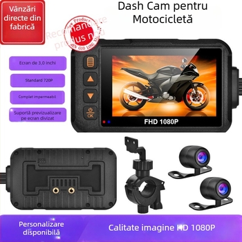 Dashcam pentru motocicletă cu lentile duale 720P, impermeabilă, față-spate, ecran de 3 inch