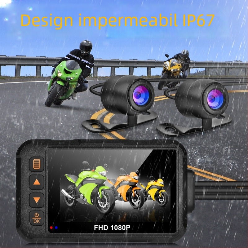Dashcam pentru motocicletă cu lentile duale 720P, impermeabilă, față-spate, ecran de 3 inch