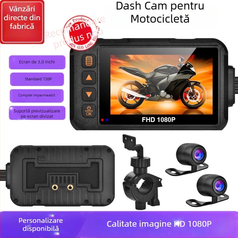 Dashcam pentru motocicletă cu lentile duale 720P, impermeabilă, față-spate, ecran de 3 inch