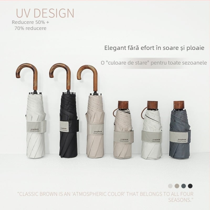 Umbrelă pliabilă cu cârlig curbat, poliester cu acoperire din vinil, 8 arcuri din oțel, UPF 50+