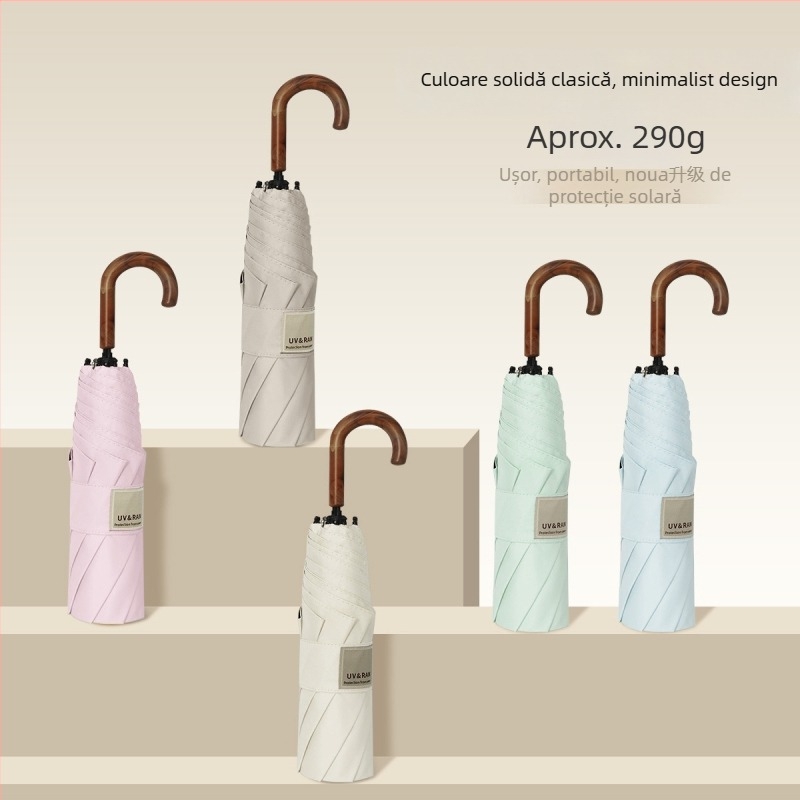 Umbrelă pliabilă cu cârlig curbat, poliester cu acoperire din vinil, 8 arcuri din oțel, UPF 50+