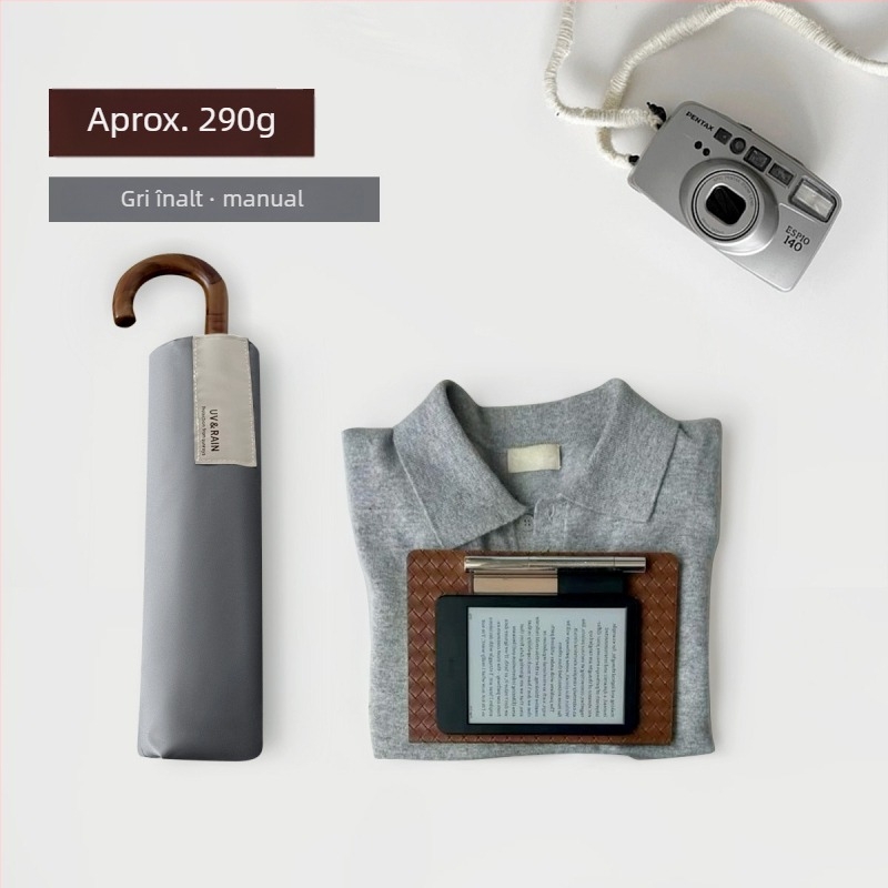 Umbrelă pliabilă cu cârlig curbat, poliester cu acoperire din vinil, 8 arcuri din oțel, UPF 50+