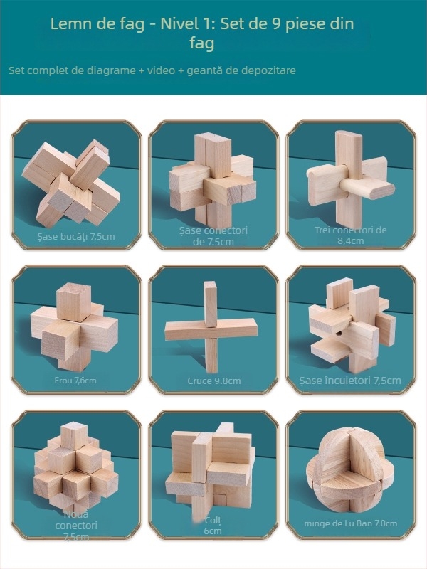 Wisdom Wheel Kong Ming Lock din lemn, puzzle de 36 piese, potrivit pentru 7–14 ani, ambalaj: cutie