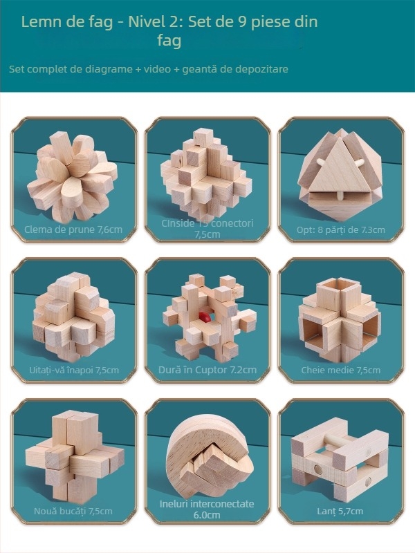 Wisdom Wheel Kong Ming Lock din lemn, puzzle de 36 piese, potrivit pentru 7–14 ani, ambalaj: cutie