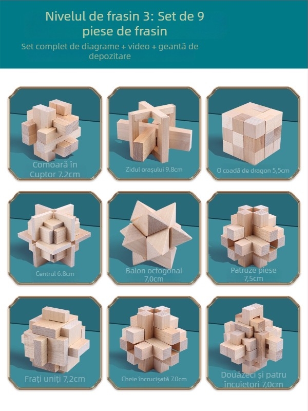 Wisdom Wheel Kong Ming Lock din lemn, puzzle de 36 piese, potrivit pentru 7–14 ani, ambalaj: cutie