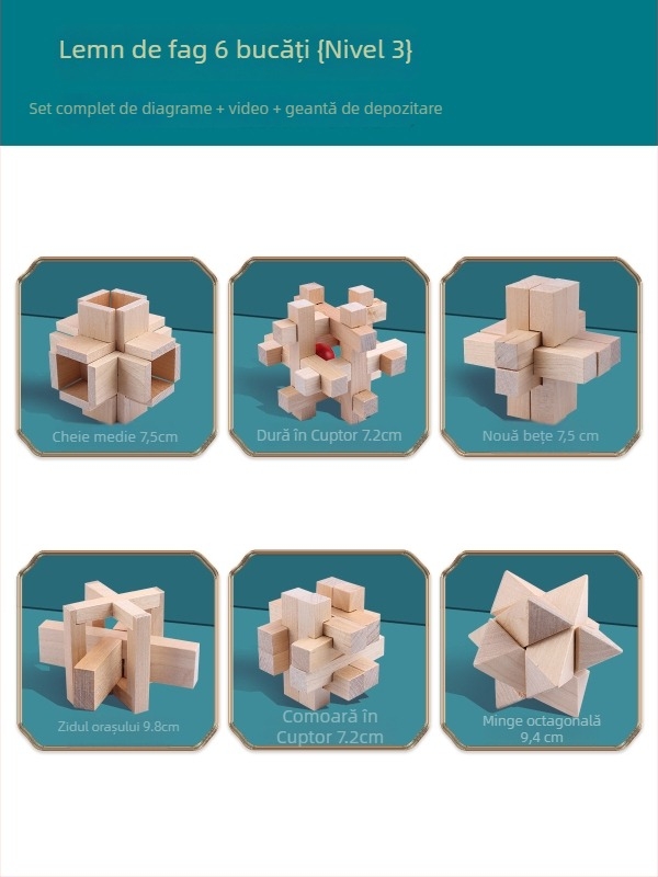 Wisdom Wheel Kong Ming Lock din lemn, puzzle de 36 piese, potrivit pentru 7–14 ani, ambalaj: cutie