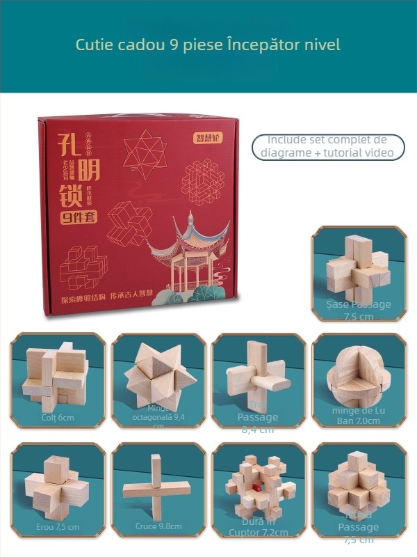 Wisdom Wheel Kong Ming Lock din lemn, puzzle de 36 piese, potrivit pentru 7–14 ani, ambalaj: cutie