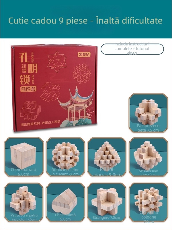Wisdom Wheel Kong Ming Lock din lemn, puzzle de 36 piese, potrivit pentru 7–14 ani, ambalaj: cutie