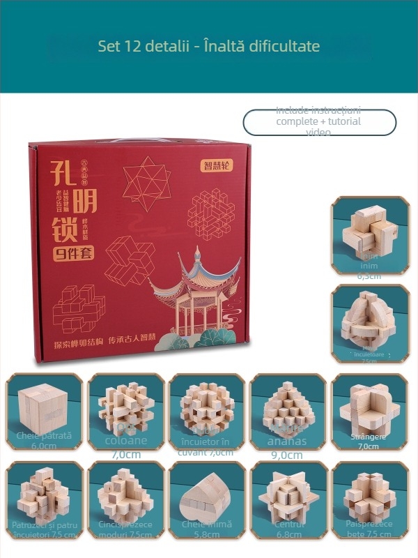 Wisdom Wheel Kong Ming Lock din lemn, puzzle de 36 piese, potrivit pentru 7–14 ani, ambalaj: cutie