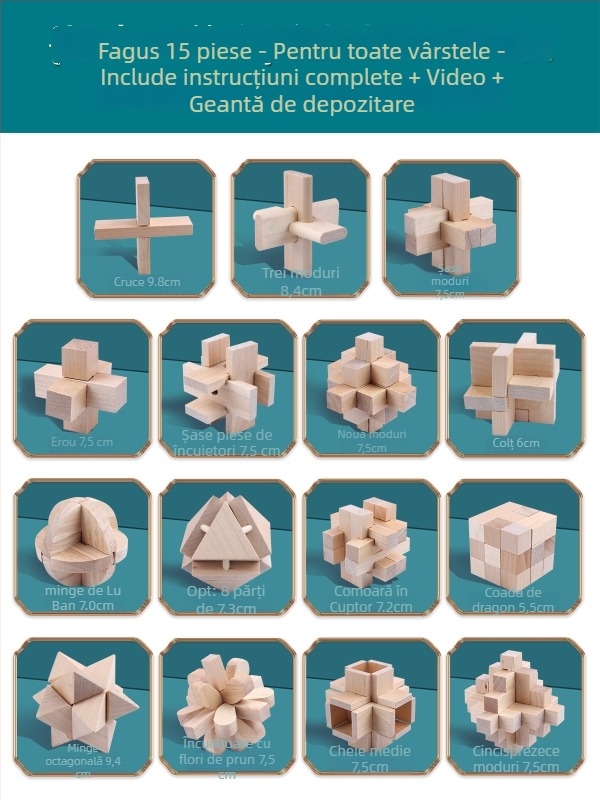 Wisdom Wheel Kong Ming Lock din lemn, puzzle de 36 piese, potrivit pentru 7–14 ani, ambalaj: cutie