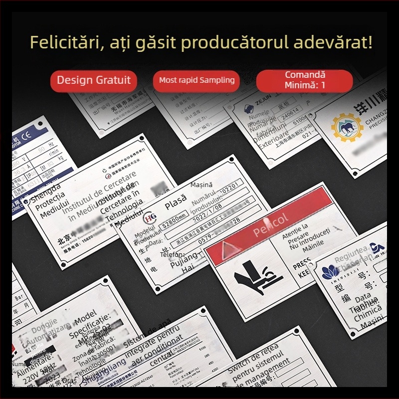 Semne metalice personalizate și plăci de identificare — gravură, etchare, ștanțare pe cupru, fier, aluminiu și oțel inoxidabil