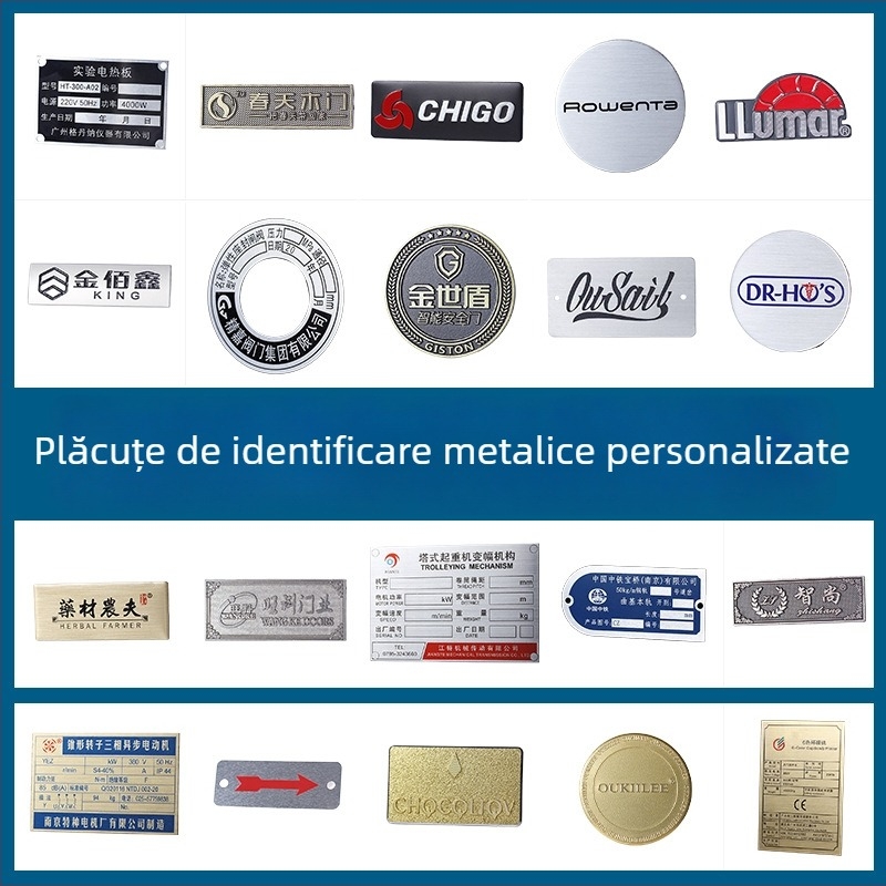 Placă metalică personalizată pentru utilaje — placă din aluminiu cu imprimare serigrafică și siglă gravată