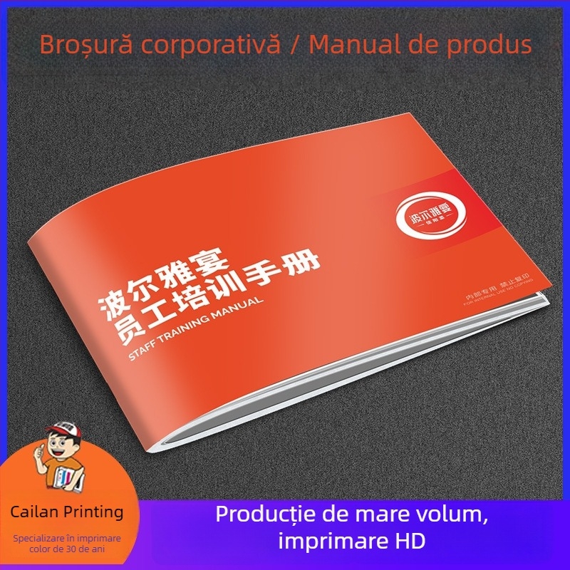 Prospect promoțional imprimat pe hârtie lucioasă, imprimare prin gravură, format deschis 24, legare adezivă, imprimare logo