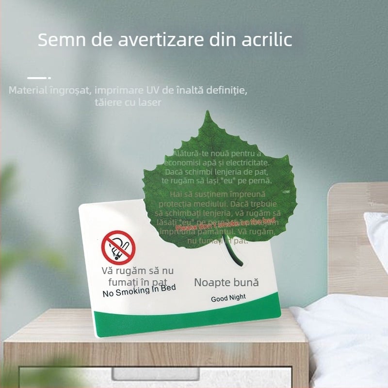 Semn acrilic în formă de frunză pentru camere de hotel, imprimare UV – mesaj: Nu fumați în pat; Brand Flying Snow Man
