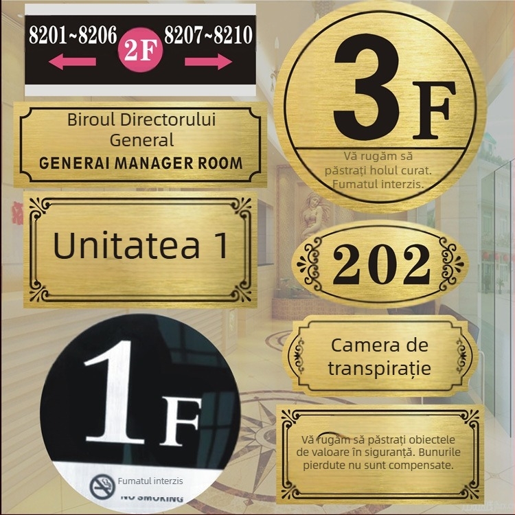 Semn de ușă acrilic personalizat cu relief sculptat; placă bi-color; personalizare disponibilă; potrivit pentru hoteluri și locuințe închiriate