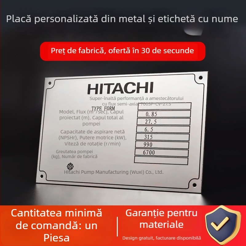 Placă metalică pentru echipamente – oțel inoxidabil; imprimare UV cu ecran; finisaj lucios; potrivită pentru fabrici, școli și facilități industriale
