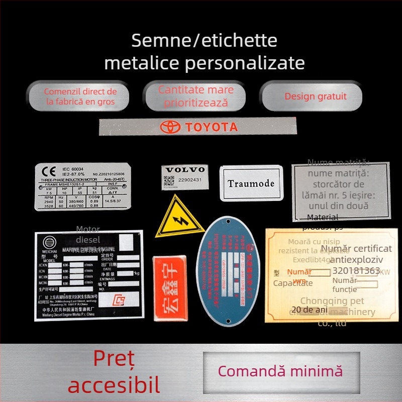 Placă metalică cu nume pentru echipamente mecanice, din oțel inoxidabil, imprimare prin electroplacare, personalizabilă