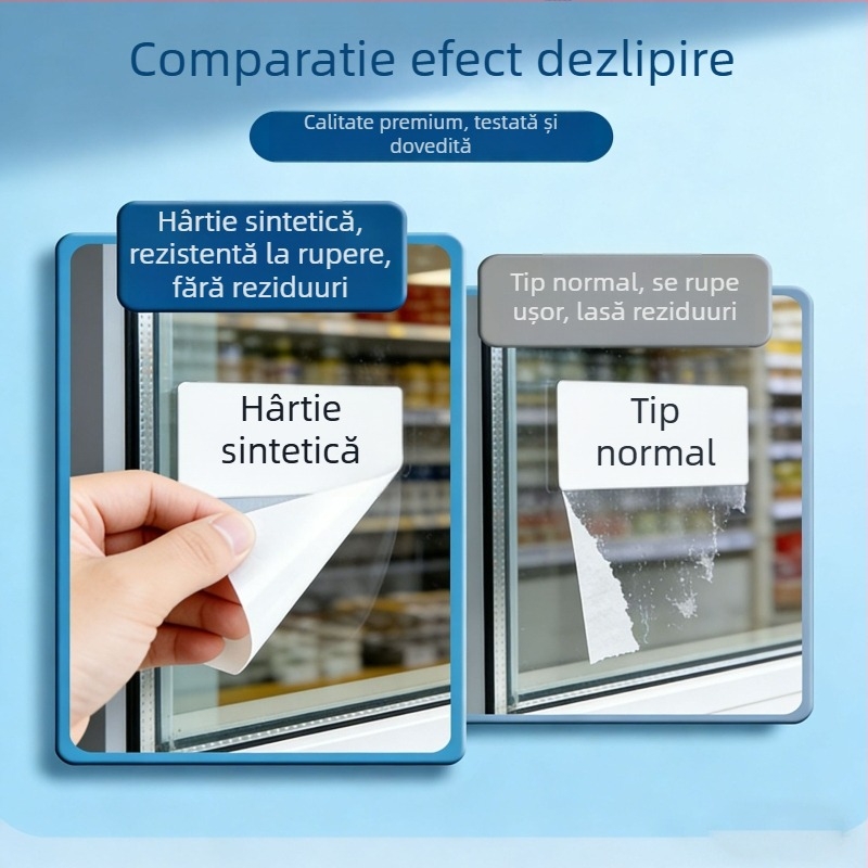 Hârtie etichetă autoadezivă pentru scriere, PP termic, fața: hârtie sintetică, adeziv care nu se usucă, grosime 75, rezistență la temperatură pe termen lung 50, formă dreptunghiulară