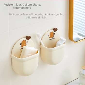 Cutie de depozitare montată pe perete pentru baie – plastic PP, model desen animat, montaj fără găuri, suport pentru pastă de dinți și periuțe