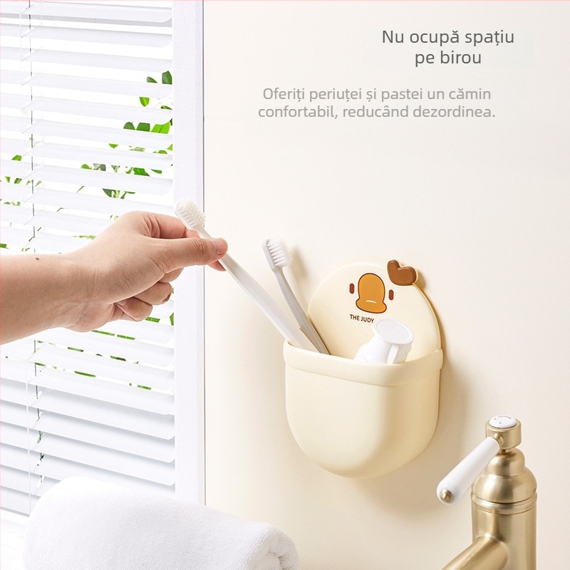Cutie de depozitare montată pe perete pentru baie – plastic PP, model desen animat, montaj fără găuri, suport pentru pastă de dinți și periuțe