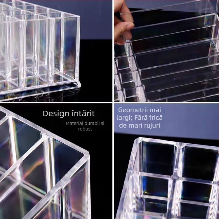 Organizator cosmetic de birou din acril, cu compartimente multiple pentru farduri de ochi, ruj și luciu de buze (acril; birou; compartimente multiple; stil modern minimalist)
