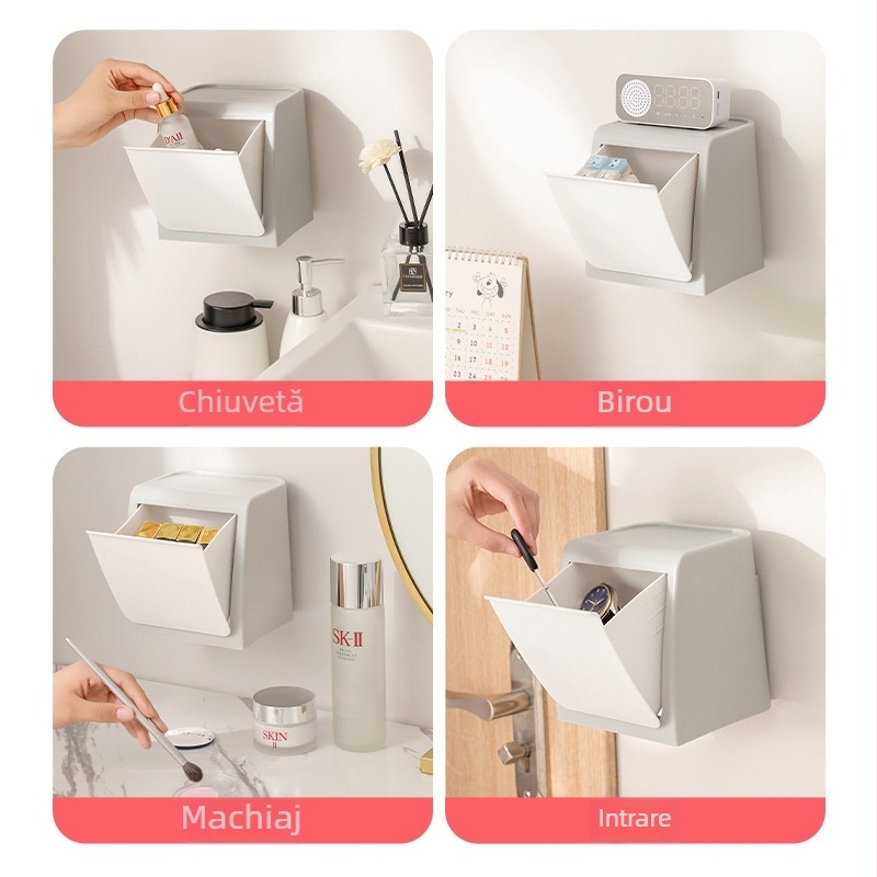 Cutie de depozitare montată pe perete, cu capac rabatabil, fără găuri, mare capacitate, PP plastic, pentru baie și bucătărie