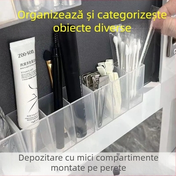 Dulap oglindă montat pe perete cu compartimente separate, instalație fără găuri, spațiu de depozitare suspendat pentru ruj și pix, raft transparent de depozitare