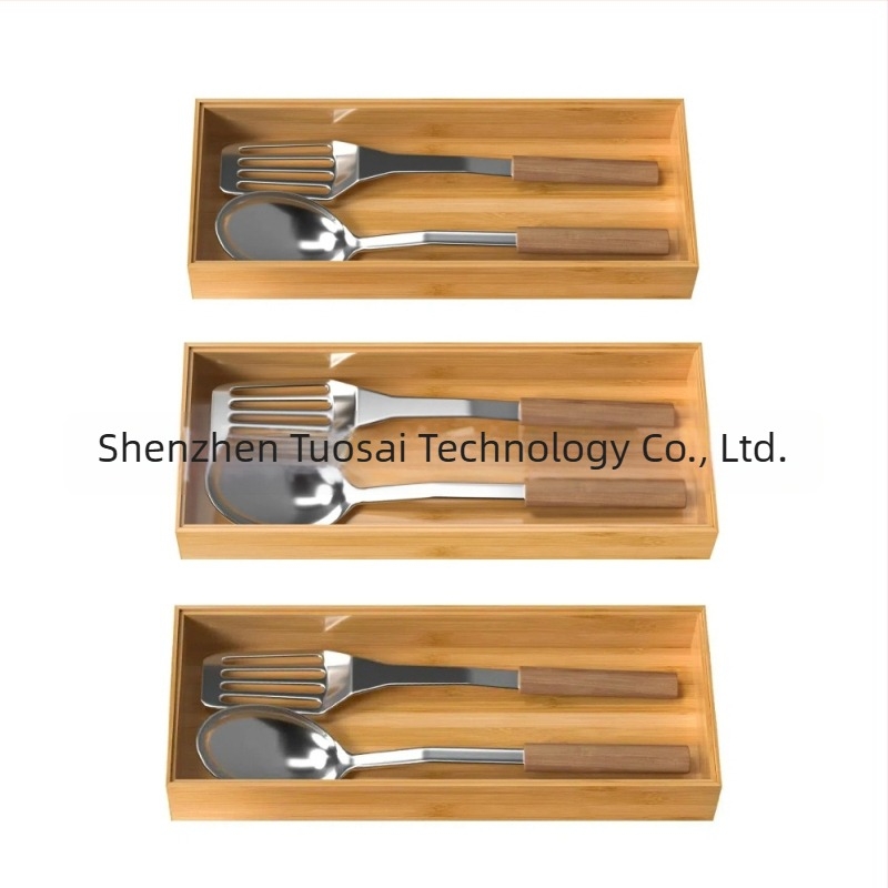 Organizator de sertar din bambus pentru tacâmuri – spațiu de depozitare stivabil, stil modern minimalist; Material: bambus; Imprimare logo: posibil; Personalizare: Da; Lansare produs: 2025.