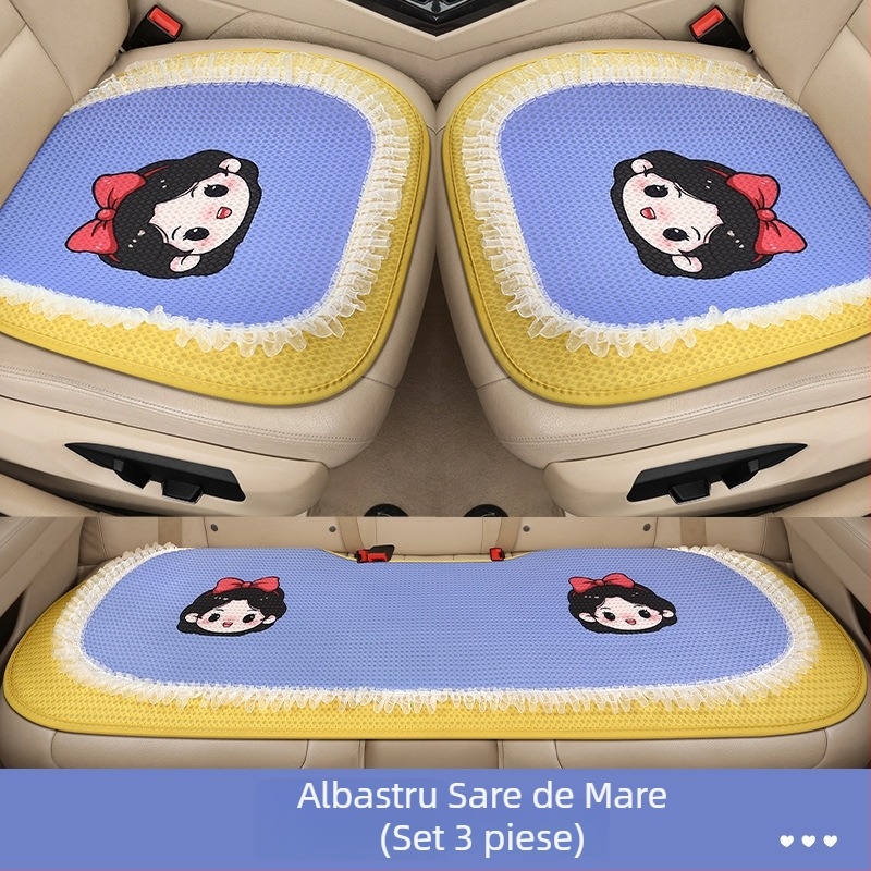 Set de trei perne pentru scaun auto, suprafață din plasă respirabilă, umplutură din burete, design desen animat cusut, potrivit pentru toate sezoanele
