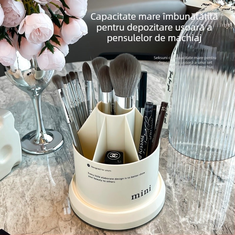 Organizator cosmetic din acril rotativ, cu compartimente pentru pensule, ruj și fard de ochi