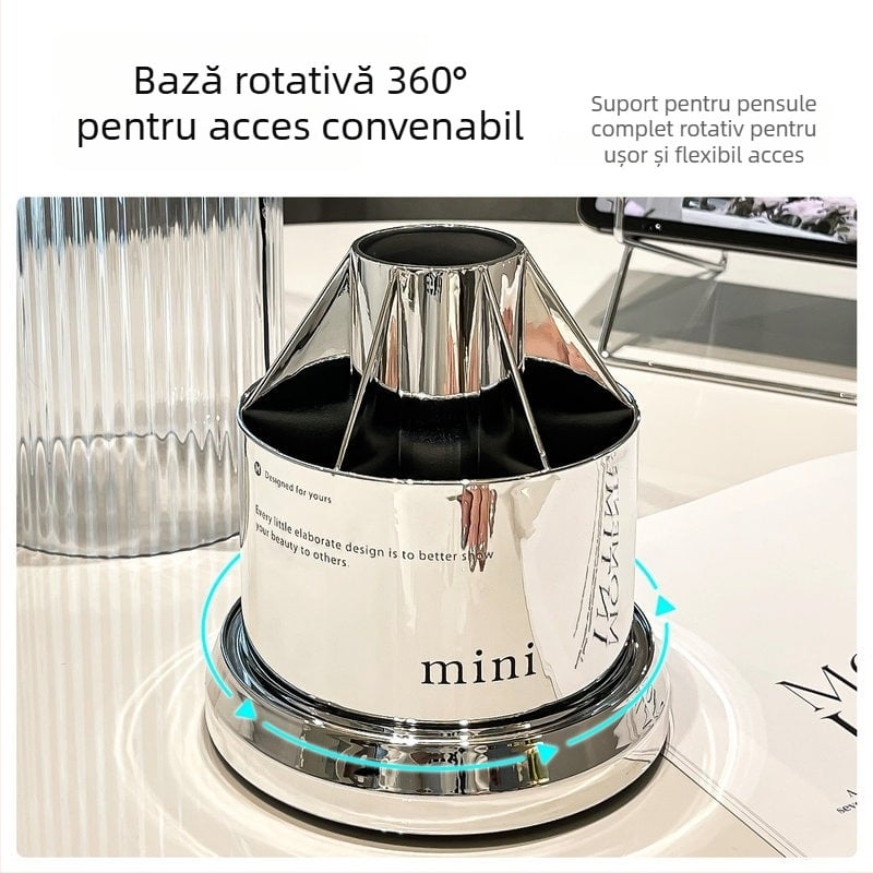 Organizator cosmetic din acril rotativ, cu compartimente pentru pensule, ruj și fard de ochi