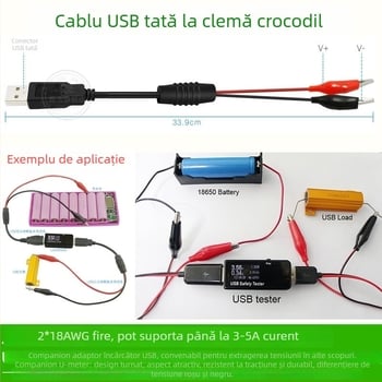Cablu USB cu conectori USB masculin și feminin, cleme alligator, cablu de test din cupru pur pentru baterii Li-ion, voltmetru și ampermetru