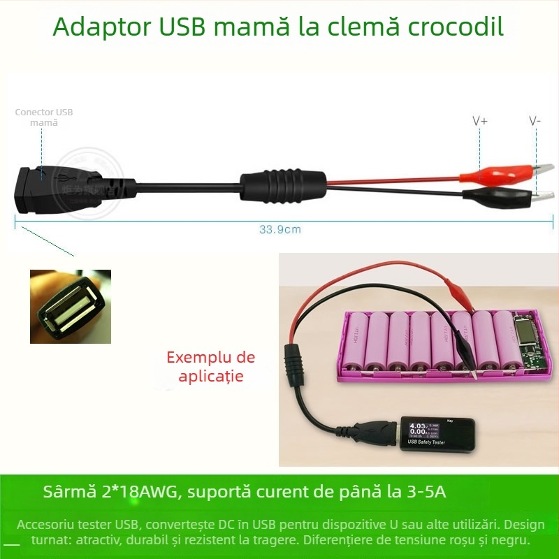 Cablu USB cu conectori USB masculin și feminin, cleme alligator, cablu de test din cupru pur pentru baterii Li-ion, voltmetru și ampermetru