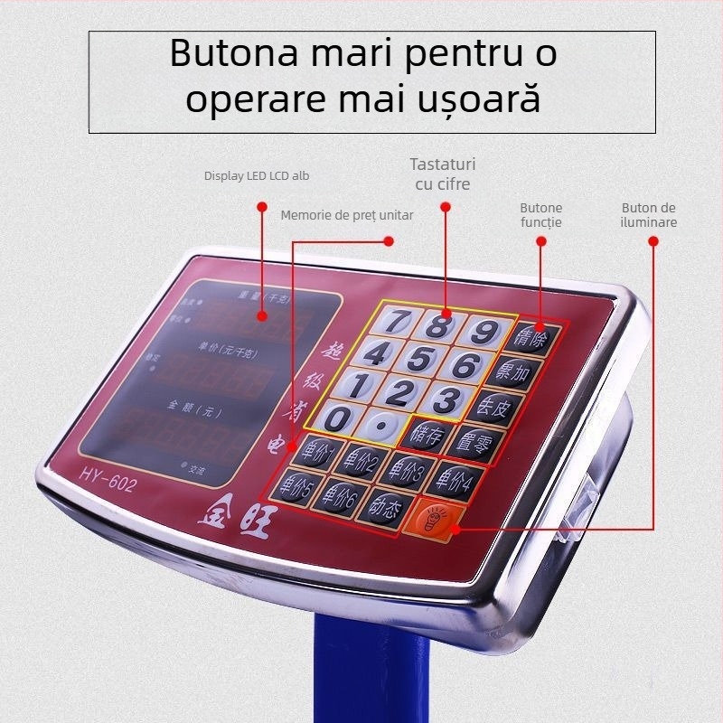Cântar electronic comercial, capacitate 300 kg, platformă pliabilă, baterie reîncărcabilă, cântărire precisă