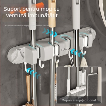 Suport mop cu ventuze pentru perete, montaj fără găuri, ABS, încărcătură 10–15 kg, cu mai multe cârlige, stil luxos, set de 60