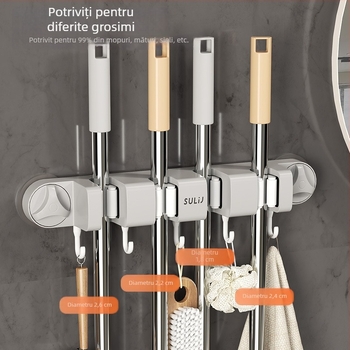 Suport mop cu ventuze pentru perete, montaj fără găuri, ABS, încărcătură 10–15 kg, cu mai multe cârlige, stil luxos, set de 60