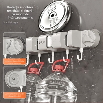 Suport mop cu ventuze pentru perete, montaj fără găuri, ABS, încărcătură 10–15 kg, cu mai multe cârlige, stil luxos, set de 60