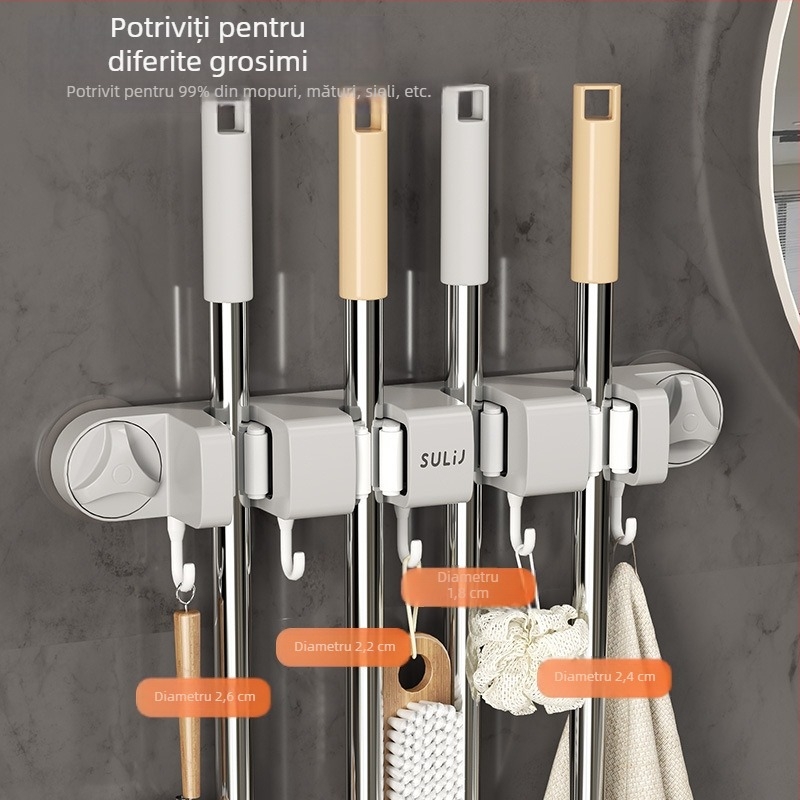 Suport mop cu ventuze pentru perete, montaj fără găuri, ABS, încărcătură 10–15 kg, cu mai multe cârlige, stil luxos, set de 60