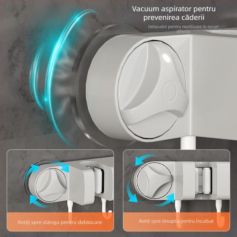 Suport mop cu ventuze pentru perete, montaj fără găuri, ABS, încărcătură 10–15 kg, cu mai multe cârlige, stil luxos, set de 60