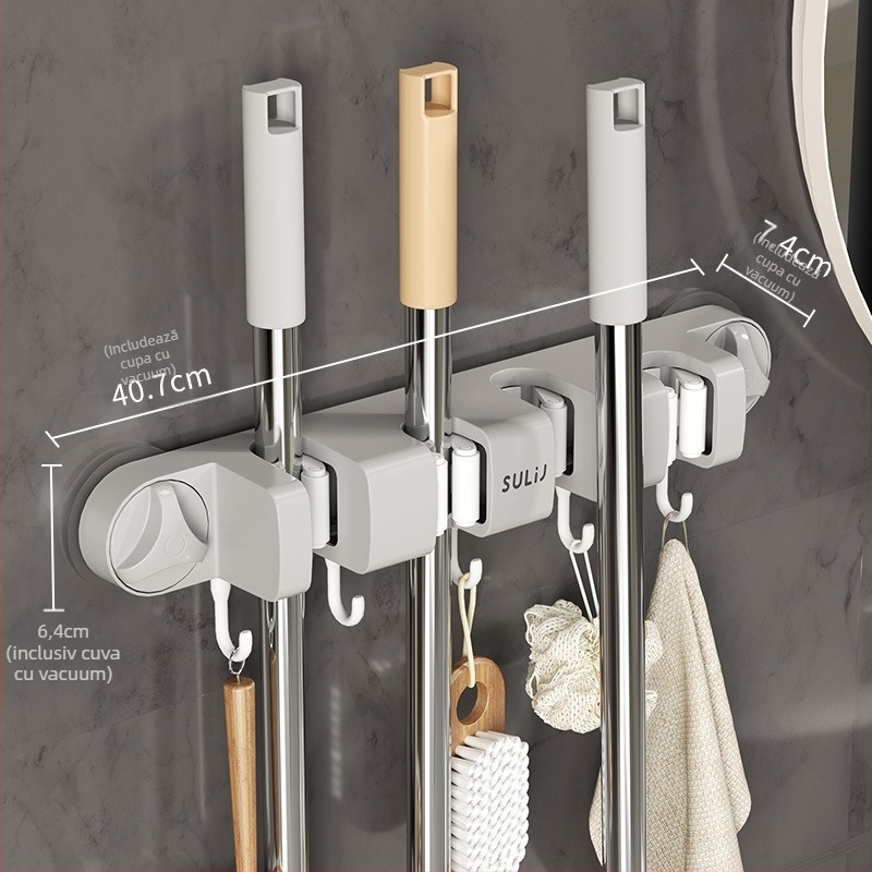 Suport mop cu ventuze pentru perete, montaj fără găuri, ABS, încărcătură 10–15 kg, cu mai multe cârlige, stil luxos, set de 60