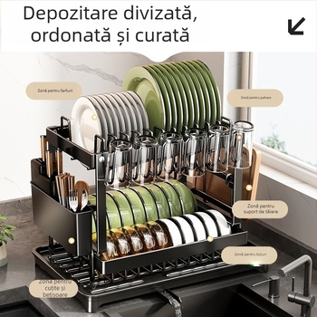 Raft de depozitare pentru bucătărie din oțel carbon – suport multifuncțional pentru pahare, raft dublu pentru farfurii cu drenaj
