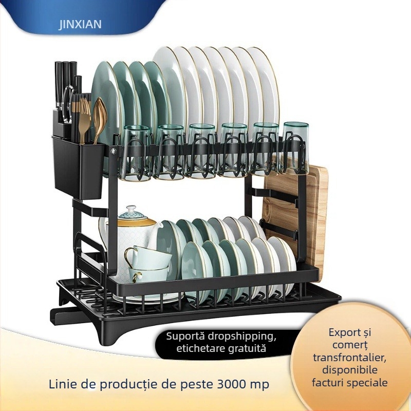 Raft de depozitare pentru bucătărie din oțel carbon – suport multifuncțional pentru pahare, raft dublu pentru farfurii cu drenaj
