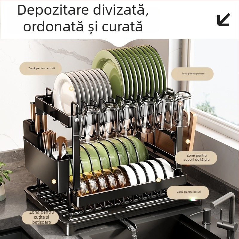 Raft de depozitare pentru bucătărie din oțel carbon – suport multifuncțional pentru pahare, raft dublu pentru farfurii cu drenaj
