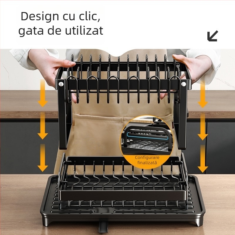 Raft de depozitare pentru bucătărie din oțel carbon – suport multifuncțional pentru pahare, raft dublu pentru farfurii cu drenaj