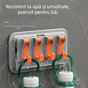 Raft de depozitare montat pe perete pentru baie, cu mai multe cârlige, fără găuri, din plastic, capacitate 5 kg