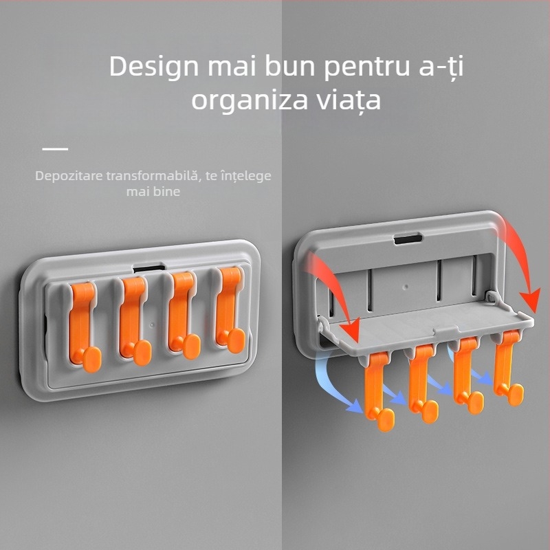 Raft de depozitare montat pe perete pentru baie, cu mai multe cârlige, fără găuri, din plastic, capacitate 5 kg