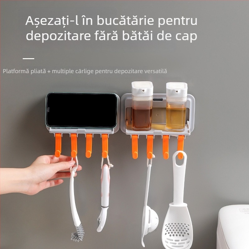 Raft de depozitare montat pe perete pentru baie, cu mai multe cârlige, fără găuri, din plastic, capacitate 5 kg