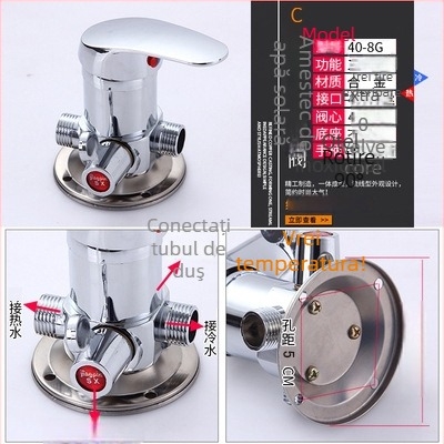 Ventil de amestec pentru duș pentru încălzitor solar – Tip A, aliaj, mic Tee; presiune de lucru 10; temperatura apei 100°C; debit la ieșire 10; aplicație: lavoar